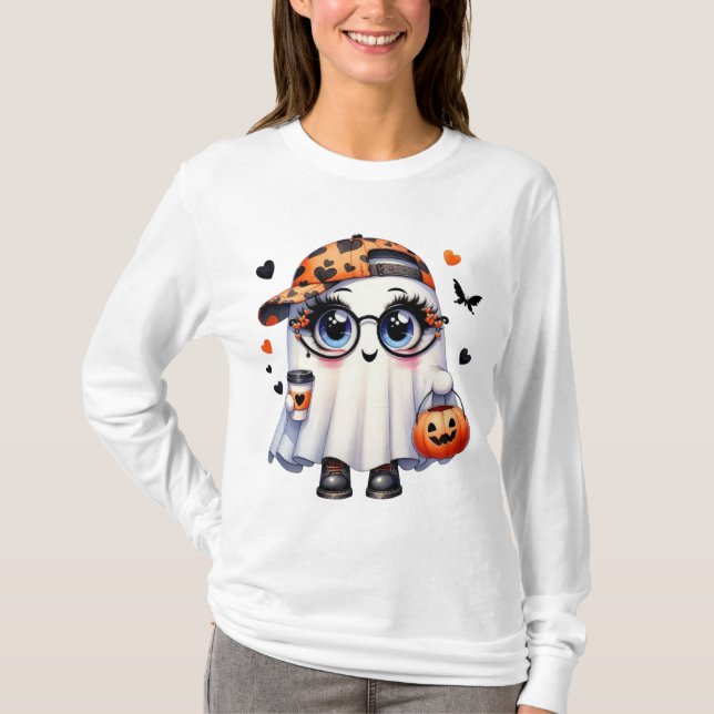 Halloween T-Shirt, Söt Spöke Tee, Pumpa Tröja (Framsida)