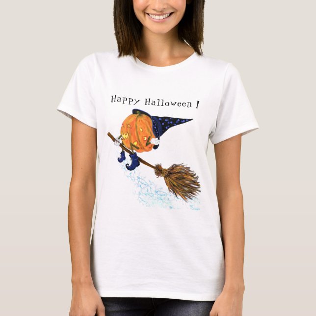 Halloween T-Shirt Witch Pumpkin som flyger med Bro (Framsida)