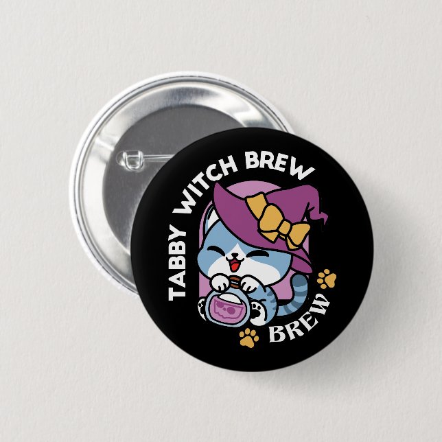 Halloween Tabby Cat – Witch Hat & Potion Art Knapp (Framsida & baksida)