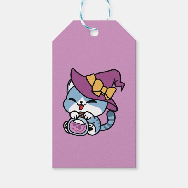 Halloween Tabby Cat – Witch Hat & Potion Art Presentetikett (Framsidan)