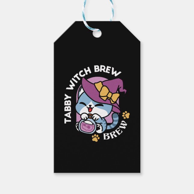 Halloween Tabby Cat – Witch Hat & Potion Art Presentetikett (Framsidan)