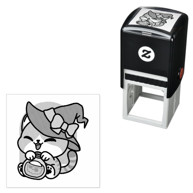 Halloween Tabby Cat – Witch Hat & Potion Art Självfärgande Stämpel (In Situ)