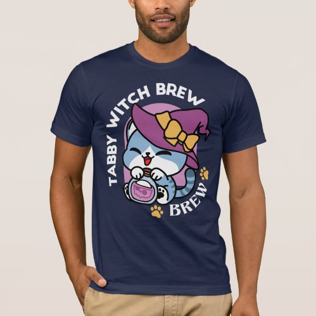 Halloween Tabby Katt – Häxa Hatt & Trolldryck Kons T Shirt (Framsida)