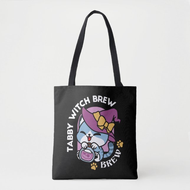 Halloween Tabby Katt – Häxa Hatt & Trolldryck Kons Tygkasse (Framsida)