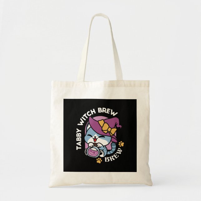 Halloween Tabby Katt – Häxa Hatt & Trolldryck Kons Tygkasse (Framsidan)