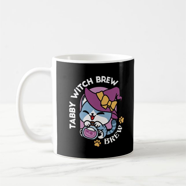 Halloween Tabby Katt – Häxa Hatt & Trolldrycks Kon Kaffemugg (Vänster)