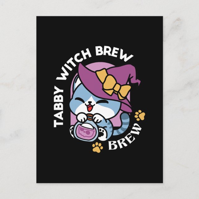 Halloween Tabby Katt – Häxa Hatt & Trolldrycks Kon Vykort (Framsida)