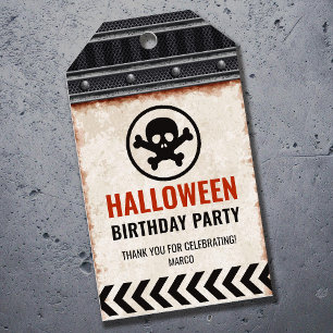 Halloween tack vare etikett, metallisk rutnät och presentetikett