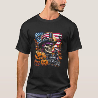 Halloween Tåg och Skull med Pumpkin American Fl T Shirt