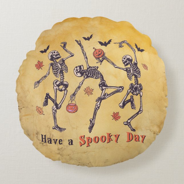 Halloween-talokusdagen Skeleton 2, sidokört Rund Kudde (Framsidan)