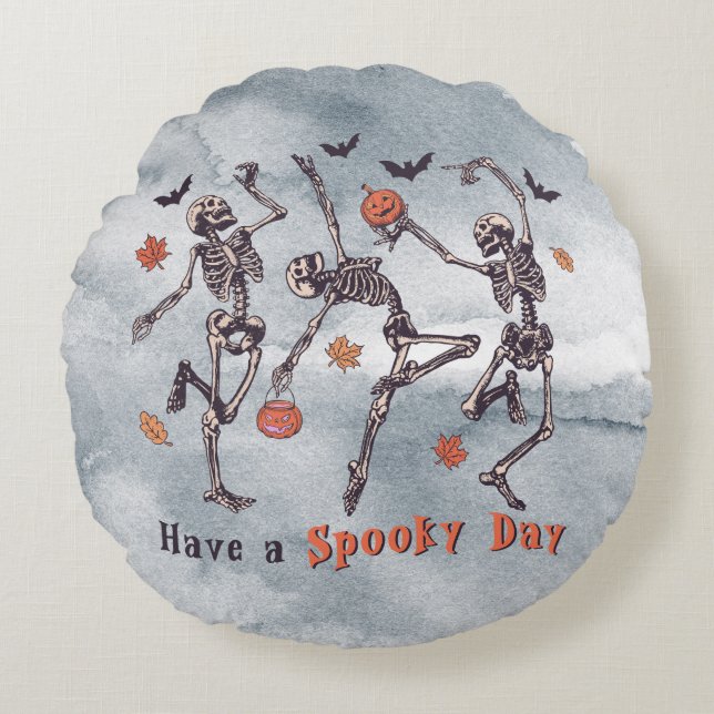 Halloween-talokusdagen Skeleton 2, sidokört Rund Kudde (Framsidan)