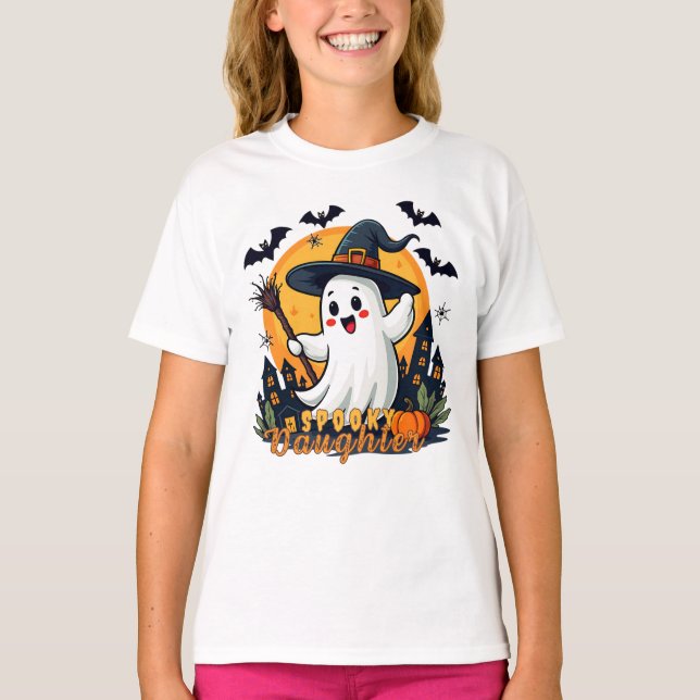 Halloween-taloky-dotter Ghost med Witch Hat T Shirt (Framsida)