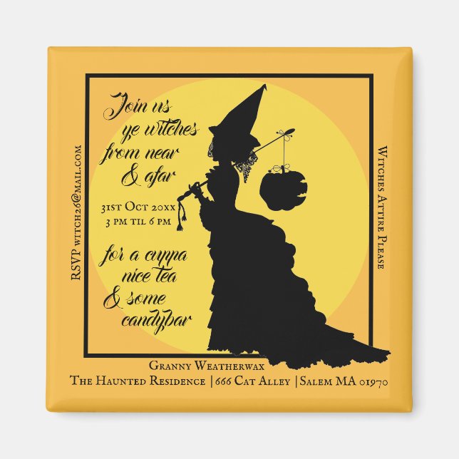 Halloween Tea Party-inbjudan Victorian Witch Magnet (Framsidan)
