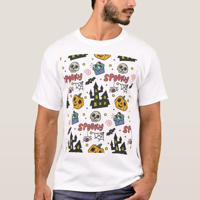 Halloween-tecken: Whimsical Seamless Mönster T Shirt (Framsida)