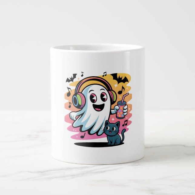 Halloween- tecknad figur med söt katt som spöke på jumbo mugg (Framsidan)