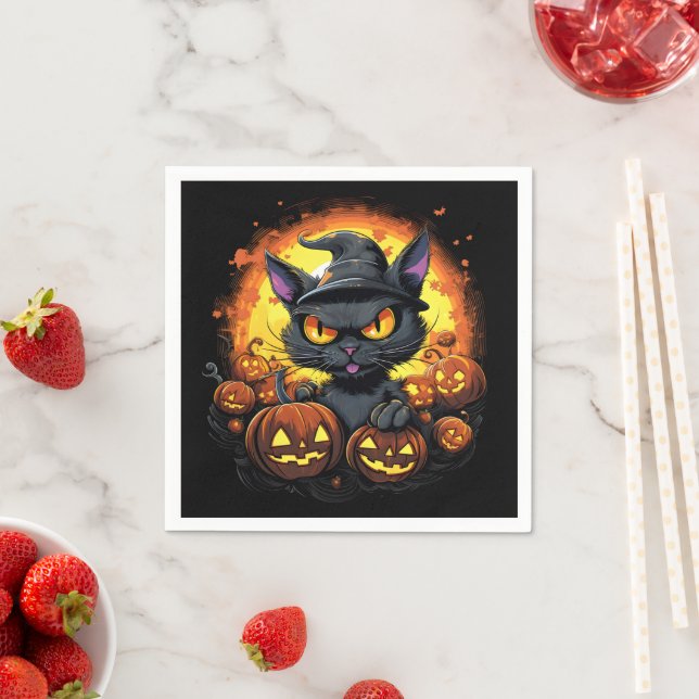 Halloween Tecknad Spooky Witch Cat Pappersservett (Insitu)