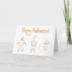 Halloween Teckning Fågelskrämma Cat Pumpkin-kort Kort