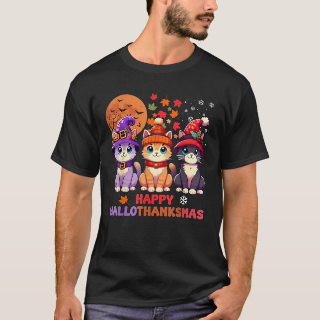 Halloween Thanksgiving Christmas Happy HalloThanks T Shirt (Framsida)