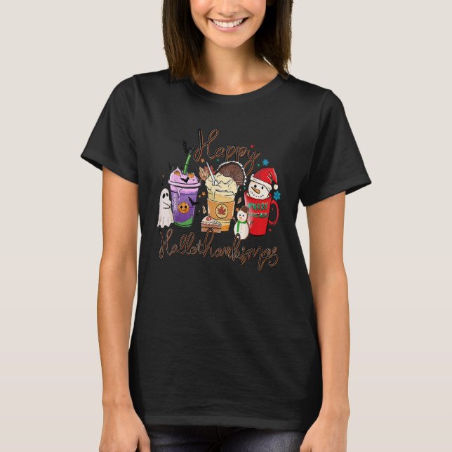 Halloween Thanksgiving Christmas Happy Hallothanks T Shirt (Framsida)
