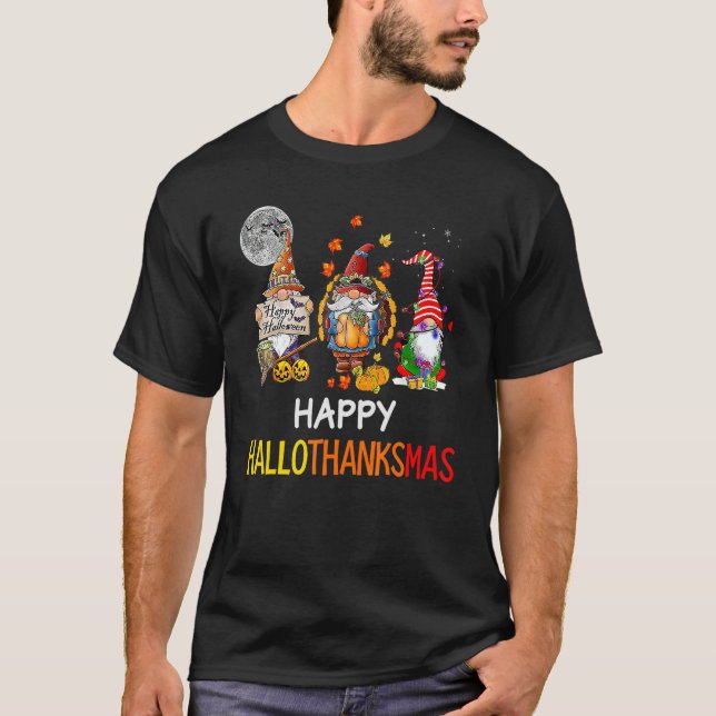 Halloween Thanksgiving Christmas Happy HalloThanks T Shirt (Framsida)