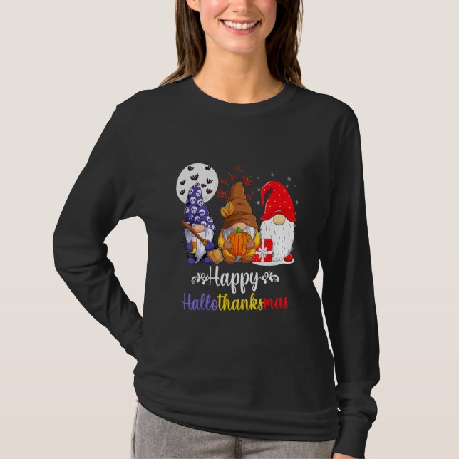 Halloween Thanksgiving Christmas Happy HalloThanks T Shirt (Framsida)