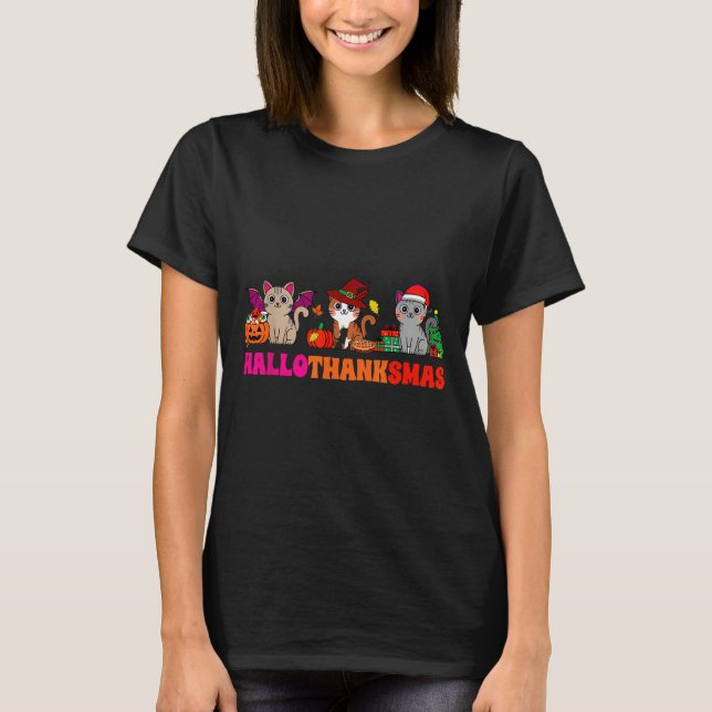 Halloween Thanksgiving Christmas Happy Hallothanks T Shirt (Framsida)
