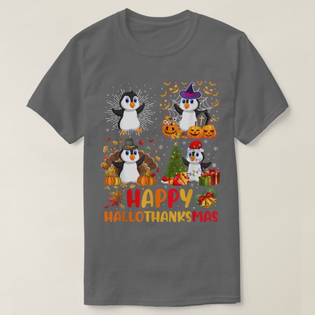 Halloween Thanksgiving Christmas Penguin Hallothan T Shirt (Design framsida)