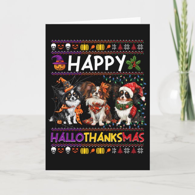 Halloween Thanksgiving Christmas Ugly Papillon Dog Kort (Framsida)