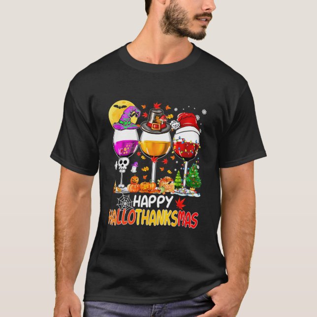 Halloween Thanksgiving Happy Hallothanksmas Wine T Shirt (Framsida)
