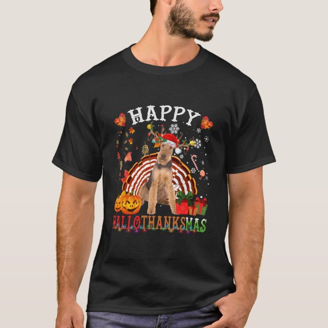 Halloween Thanksgiving Merry Airedale Terrier T Shirt (Framsida)