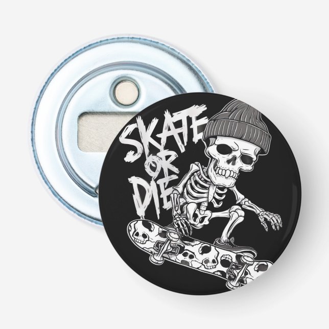 Halloween-Thated Skeleton Skateboarder Art: Styliz Flasköppnare (Framsidan)