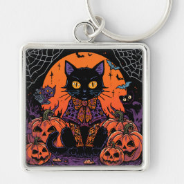 Halloween,The Pumpkin Patch Prowler ,Svart Katt Fyrkantig Silverfärgad Nyckelring