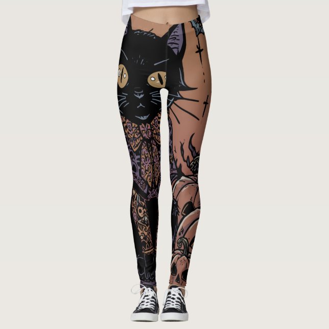 Halloween,The Pumpkin Patch Prowler ,Svart Katt Leggings (Framsida)