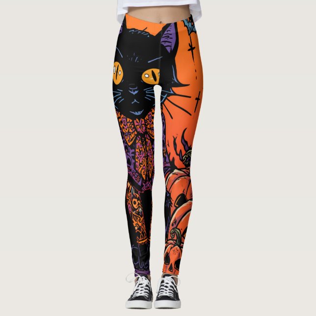 Halloween,The Pumpkin Patch Prowler ,Svart Katt Leggings (Framsida)