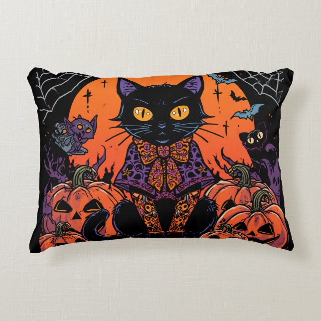 Halloween,The Pumpkin Patch Prowler ,Svart Katt Prydnadskudde (Framsidan)