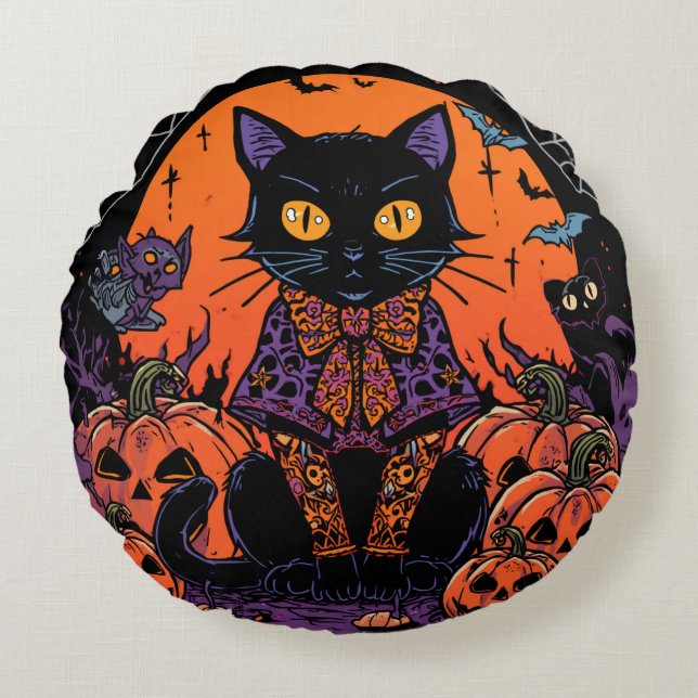 Halloween,The Pumpkin Patch Prowler ,Svart Katt Rund Kudde (Framsidan)