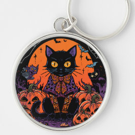 Halloween,The Pumpkin Patch Prowler ,Svart Katt Rund Silverfärgad Nyckelring