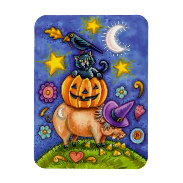Halloween Theme Magnet med Bird Cat Pumpkin & Gris (Vertikal)