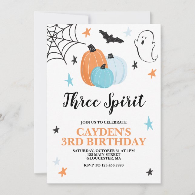 Halloween Three Spirit 3-års födelsedag Blå pumpor Inbjudningar (Framsida)