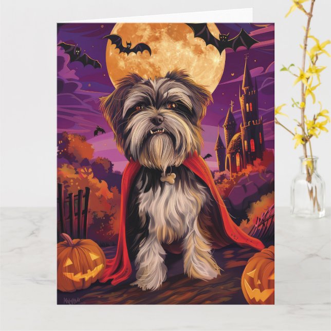 Halloween Tibetansk Terrier Vampyr Pumpa Skräck  Kort (Gul blomma)
