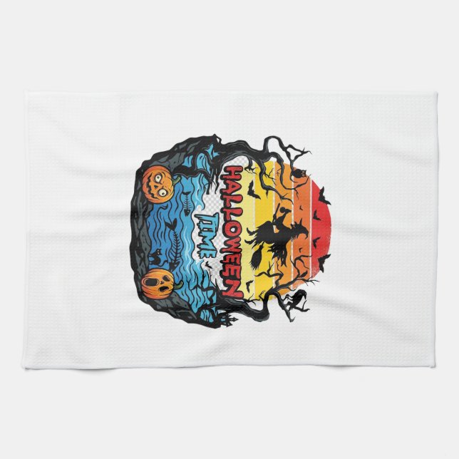 Halloween Tid Häxa Pumpa Fladdermöss Solnedgång_1 Kökshandduk (Horisontell)
