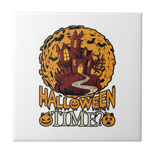 Halloween Tid Spökhus Fullmåne Pumpa Kakelplatta (Framsidan)