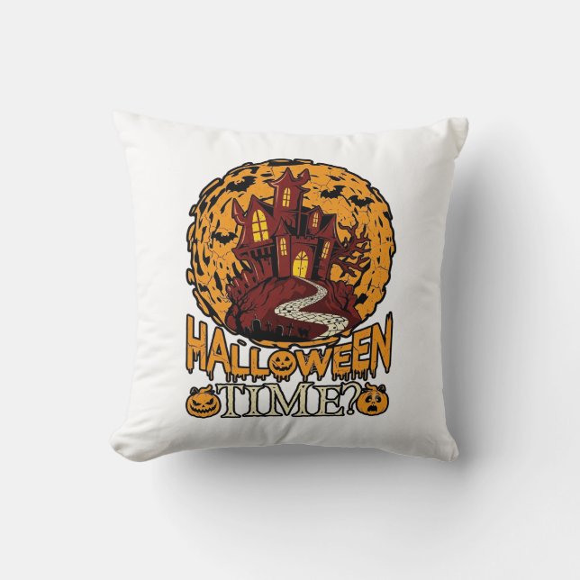 Halloween Tid Spökhus Fullmåne Pumpa Kudde (Framsida)