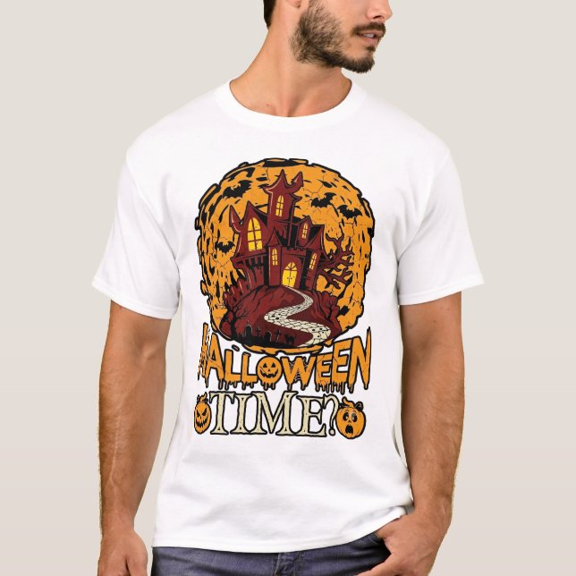 Halloween Tid Spökhus Fullmåne Pumpa T Shirt (Framsida)