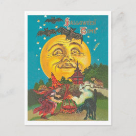 Halloween-tiden, unge häxa på fullt måne vykort