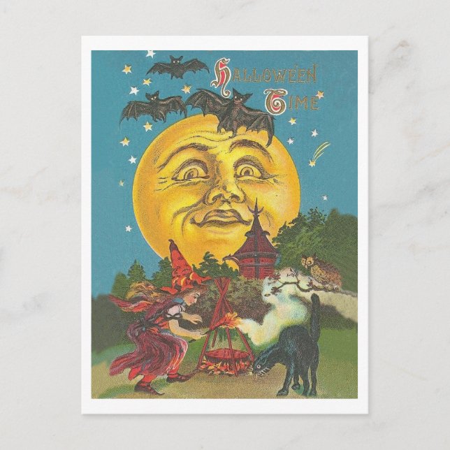 Halloween-tiden, unge häxa på fullt måne vykort (Framsida)
