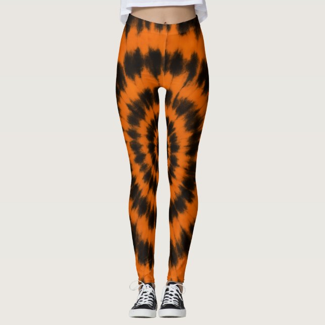 Halloween Tie-Dye Orange & Black Spiral Mönster Leggings (Framsida)