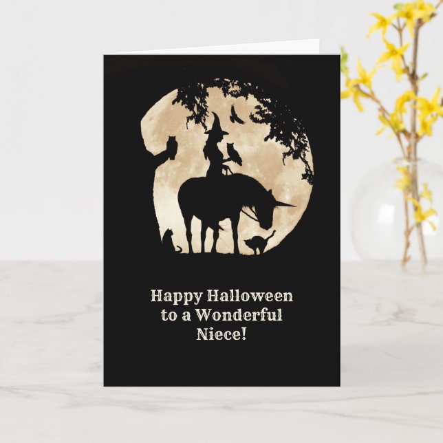 Halloween till Niece med Witch och Familiars Kort (Gul blomma)