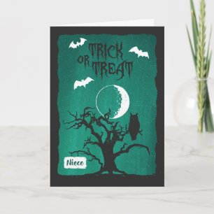 Halloween till systerdotter, uggla krokig träd mån kort