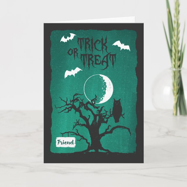 Halloween till vän, uggla krokig träd måne & fladd kort (Framsida)
